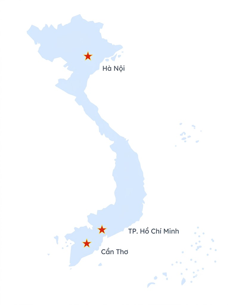 Vietnam map with Hanoi, Ho Chi Minh City and Can Tho marked